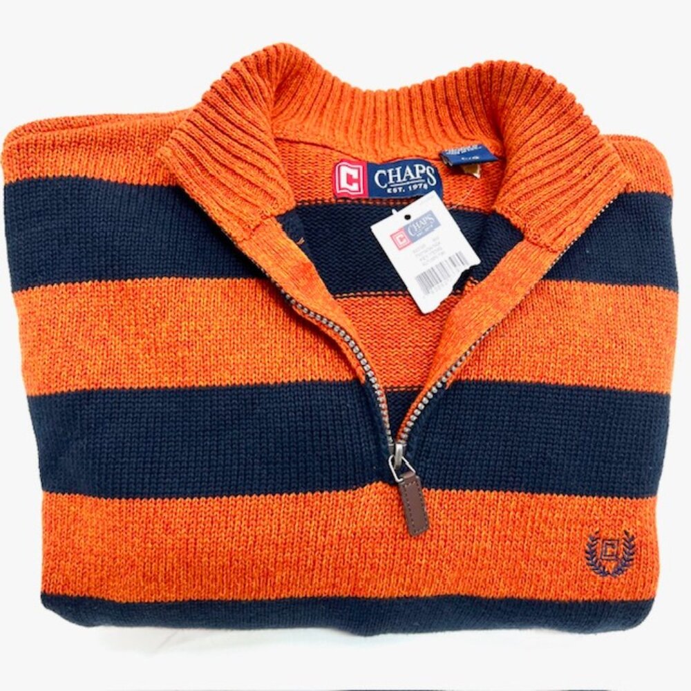 New- Chaps Men Black/Orange Striped Sweater Size L 1/4 Zip Pull Over Made In USA